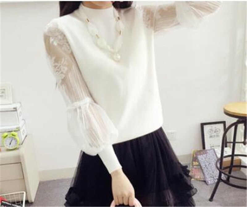 Lace Pullover Sweater Jumper Winter Lantern Sleeve Knitted Sweaters and Pullovers Women Pull Femme Free Necklace PZ033: White