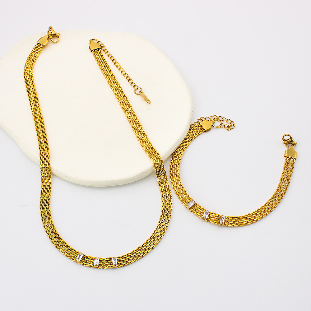 Women's 18K Gold Color Stainless Steel Choker Woven Mesh Chain Necklace Chain Charming Jewelry Waterproof Jewelry: Set 1