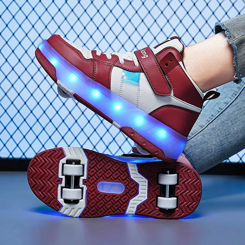 Roller Skates with Lights 4 Wheels Removable Wheels Shoes Men and Women High Top Breathable Sports Shoes Teenagers