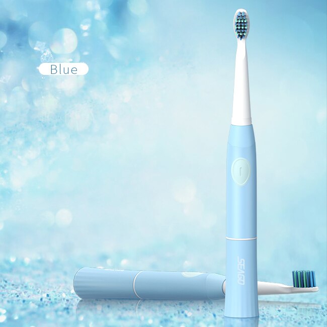 SEAGO Electric Toothbrush Sonic Adult Battery Tooth brush 2 Replacement Brush Heads Timer Waterproof brush your teeth E2: blue