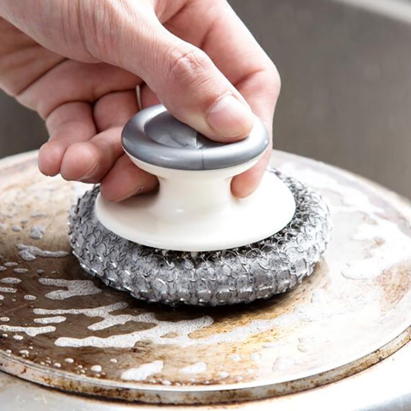 Stainless Steel Scourers with Plastic Handle, Steel Wool Scrubber Pad Kitchen Bathroom Cleaning Brush for Dishes, Pots, Pans