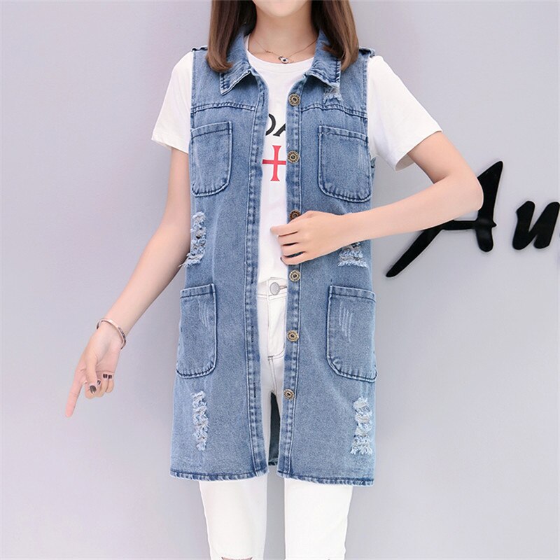 Gilets en Denim pour femmes printemps été déchiré Long trou jean gilet Femme sans manches décontracté veste d'extérieur
