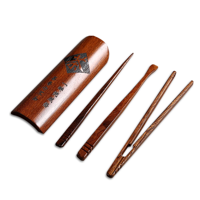 S /4 handgemaakte wengé houten cha dao theeclip + naald + schepje + cha he