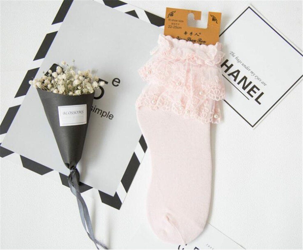 Chaussettes Lolita en dentelle couleur unie pour femmes, jolies chaussettes de princesse en coton, B415: pink