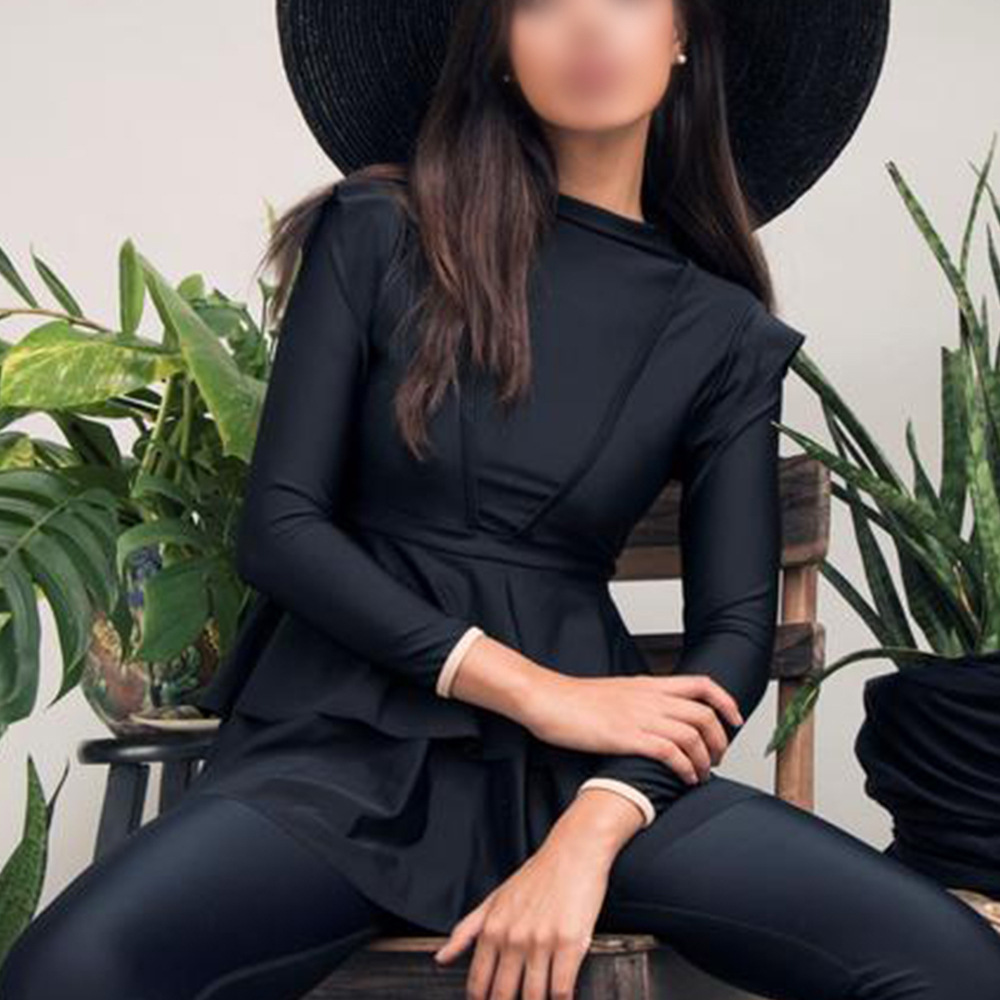 Costume da bagno 3 pezzi donna modestia nera Burkinis cuffia da nuoto increspature top pantaloni lunghi costume da bagno arabo musulmano costumi da bagno costumi da bagno