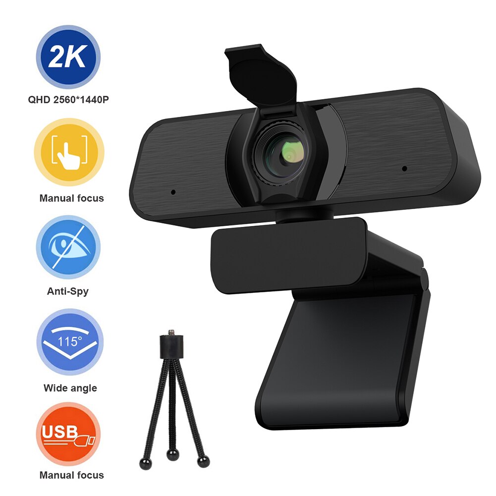 C90 2K HD Webcam USB Driver Free Smart TV Computer Auto Focus Web Camera with Microphone and Stand for Windows Android Linux