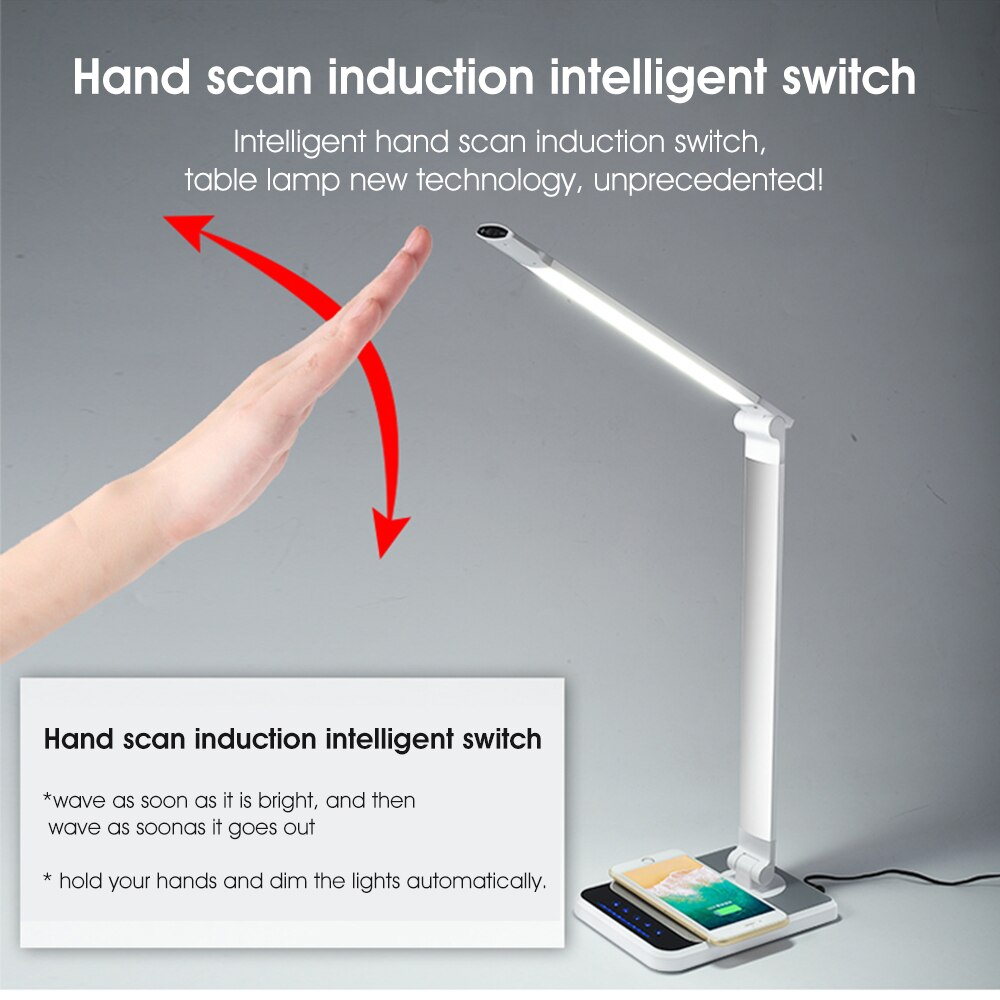 LED Desk Lamp 72 bulb 3 Color Hand Sweep Wireless Charging for phone 360 Degree Rotation Touch Eye-protect with timer Table lamp