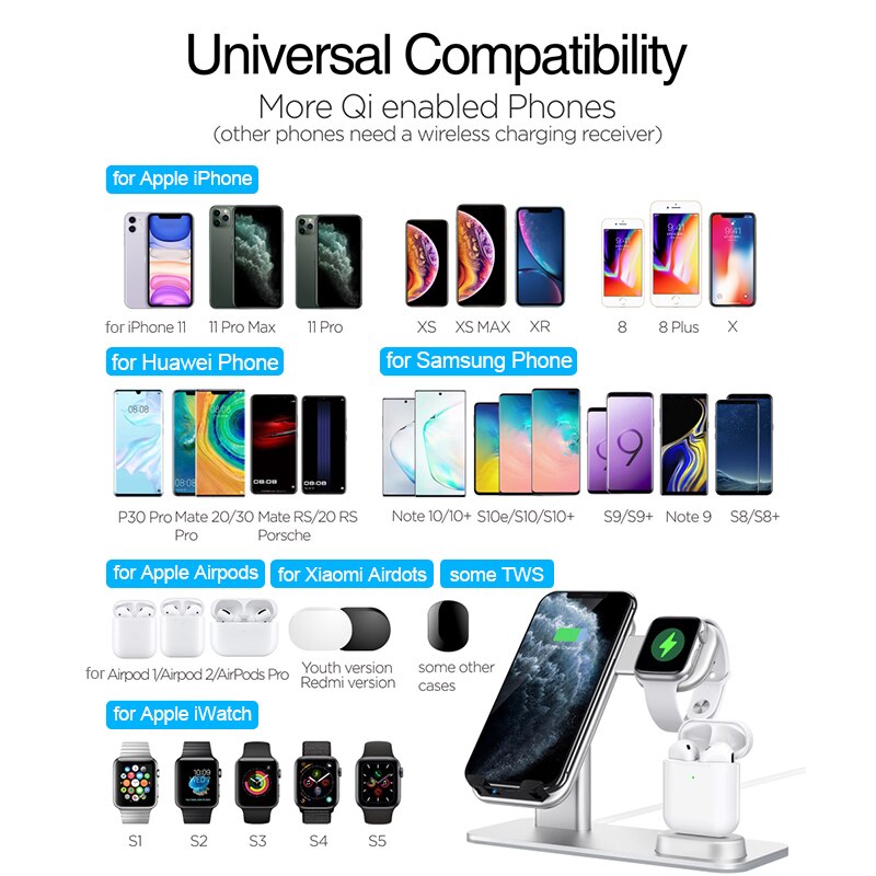 15W Aluminum 3 in 1 Wireless Charger Fast Charging For AirPods 2 iPhone 11 Pro Xs Max XR Charger Dock Holder For iWatch 5 4 3 2