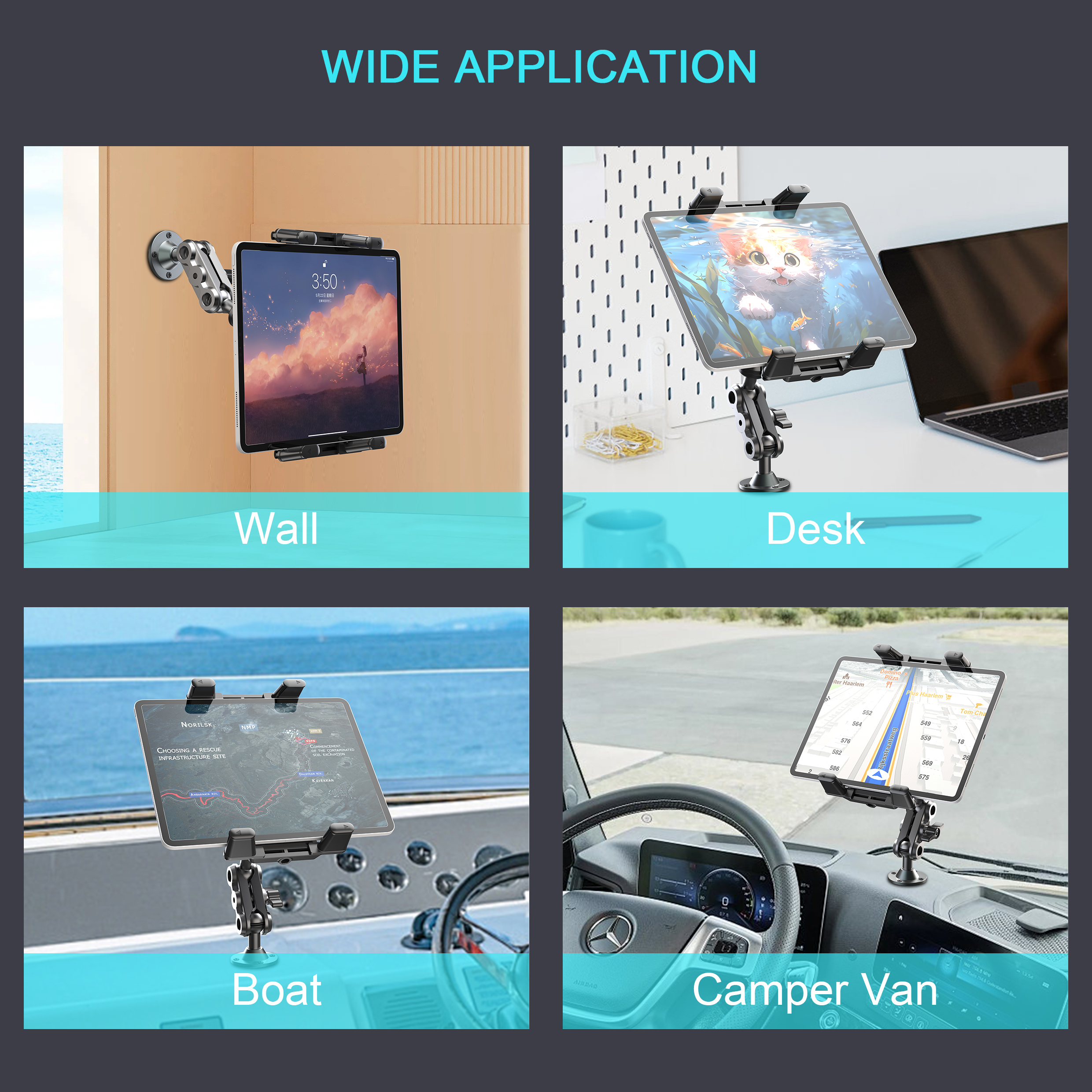 Hochleistungs-Bohrbasis aus Aluminium, Tablet-Halterung, Armaturenbrett für Autohalterung, 360° ° Verstellbarer 2-stufiger Ständer für 4,7–12,9 Zoll iPad