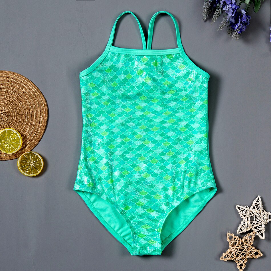 Girls Swimsuit 3-16Years Large Green Mermaid Swimwear For Children One Piece Teenager Girls Bathing Suit ST199: 5-6Years