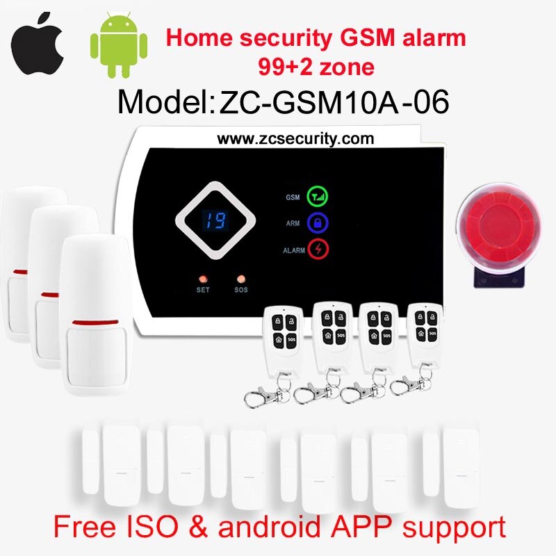 99 wireless & 2 wired zone home security GSM alarm system ISO & android APP support