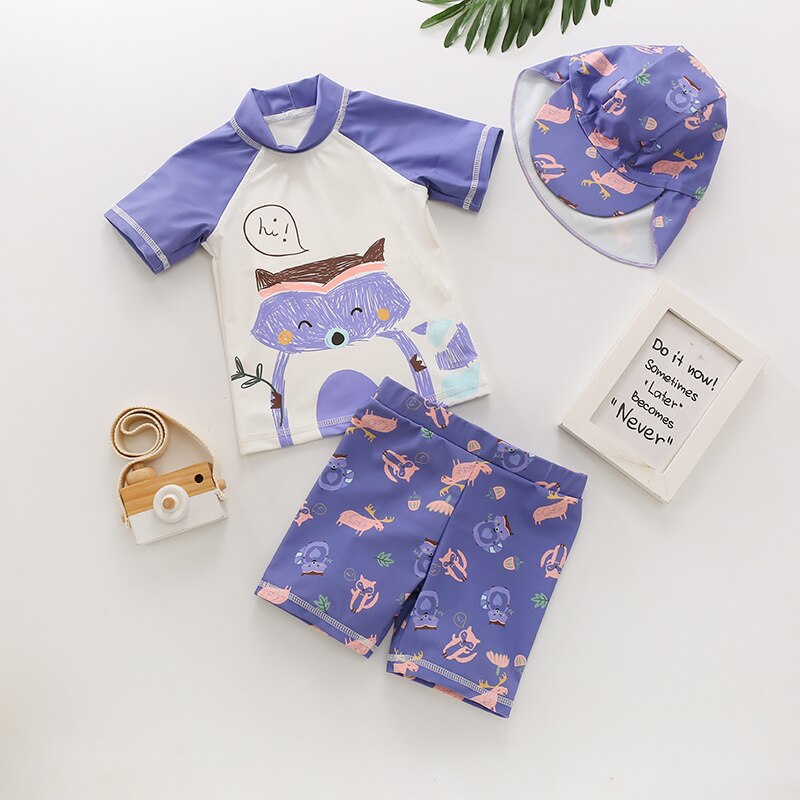 Kid Baby Boy 3Pcs Summer Swimwear Swimsuit Cartoon Fox Print Short Sleeve Top Purple Short Pants Cap Swim Beach Bathing Suit