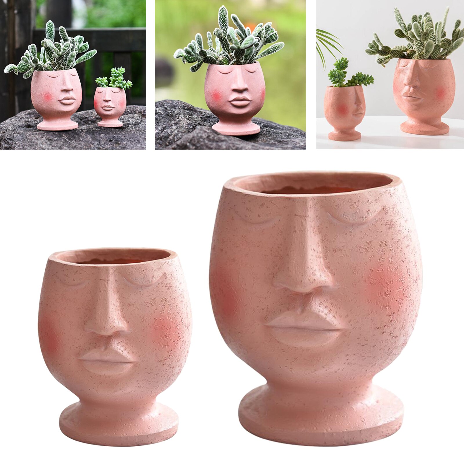Pink Round Face Head Plant Pot Resin Succulent Planter Vase Handmade Kids