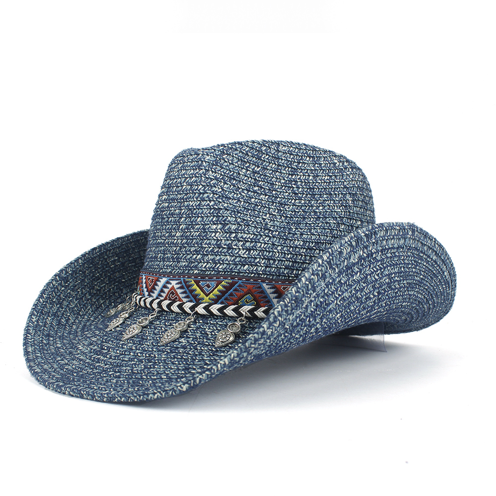 Kvinder hule vestlige cowboy hat dame sommer halm boheme kvast fascinator sombrero hombre strand cowgirl jazz hat: Mørkeblå