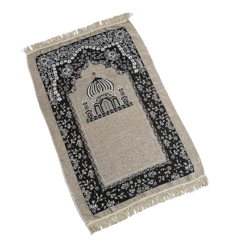 Islamic Turkish Chenille Prayer Rug Mosque Floral Pattern Portable Muslim Carpet Woven Jacquard Tassel Ramadan Mat H3CC: Beige