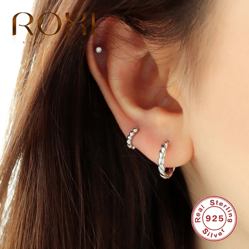 ROXI Simple Round Head 925 Sterling Silver Earing Cartilage Gold Silver Round Hoop Earrings for Women Girl Party Jewelry