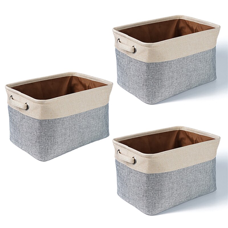 Storage Basket Bin , Large Cube Storage Box Linen Fabric Built-in Soft Lining Foldable Organizer with Handles: 3 pack A