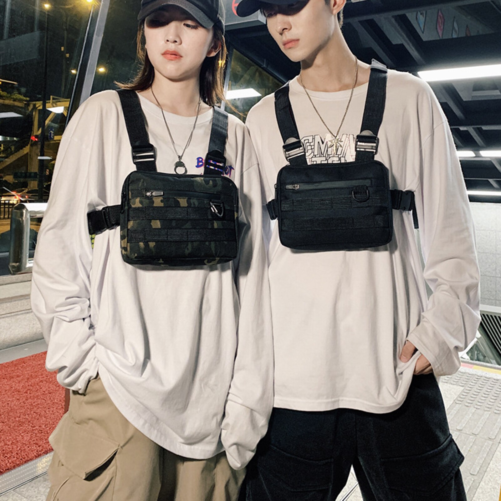 Kvinder mænd hip-hop bryst taske justerbar skuldertaske bryst rig taske oxford vest sæk rygsæk holder udendørs sport talje taske