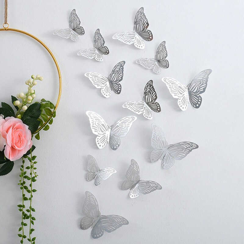 Autocollants muraux papillons en cristal effet 3D, 12 pièces/lot, beaux autocollants muraux pour chambre d'enfants, décoration de la maison: Silver 1