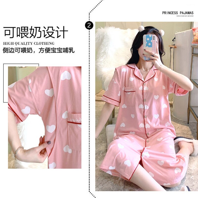 Cotton Cardigan Nursing Sleepwear Short Sleeve Striped Maternity Dresses Breastfeeding Pajamas Womens Loungewear Maternity Gowns