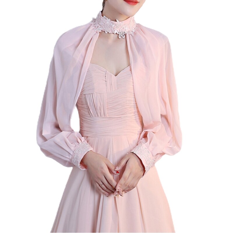 Women Side Split Long Sleeve Wedding Shawl Cape Halter Neck Chiffon Shrug Capelet Open Front Lace Bridal Jacket Bolero