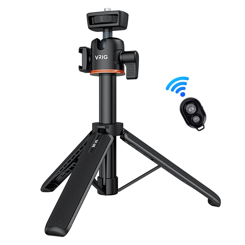 VRIG TP-06 trípode de teléfono con cámara de 4 secciones con cabezal esférico 360 zapato frío palo de Selfie trípode soporte para iPhone 15 14 13 12 cámara de teléfono: Azul cielo