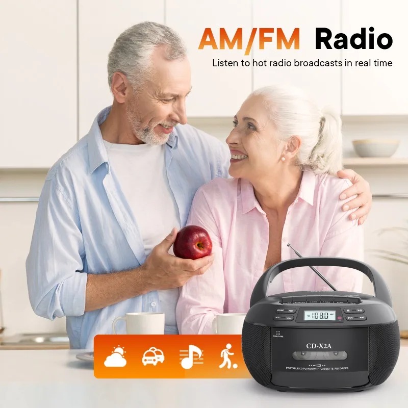 Boombox CD Player Portable Cassette AM FM Radio Bluetooth Speakers AUX USB MP3 Plays with Remote Control Support AC/DC Powered