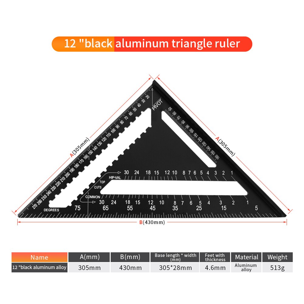 7/12inch Triangle Angle Protractor Aluminum Alloy Speed Square Measuring Ruler Carpenter Measuring Tools: 12inch Alloy