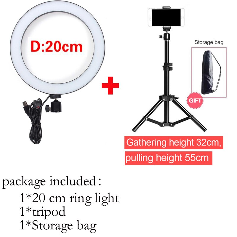 Anillo de luz LED para Selfie, iluminación circular de 20cm/26cm para fotografía, maquillaje, vídeo, con trípode regulable, soporte para teléfono, lámpara de relleno: 20CM PTZ and Tripod