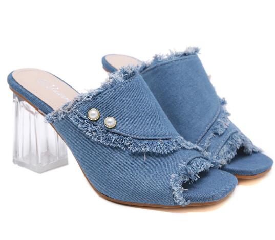Denim Stud transparent high heels 5cm shoes women slippers peep toe jeans rivet slingback sandals slip on femmes sandalias C867: blue1 / 35