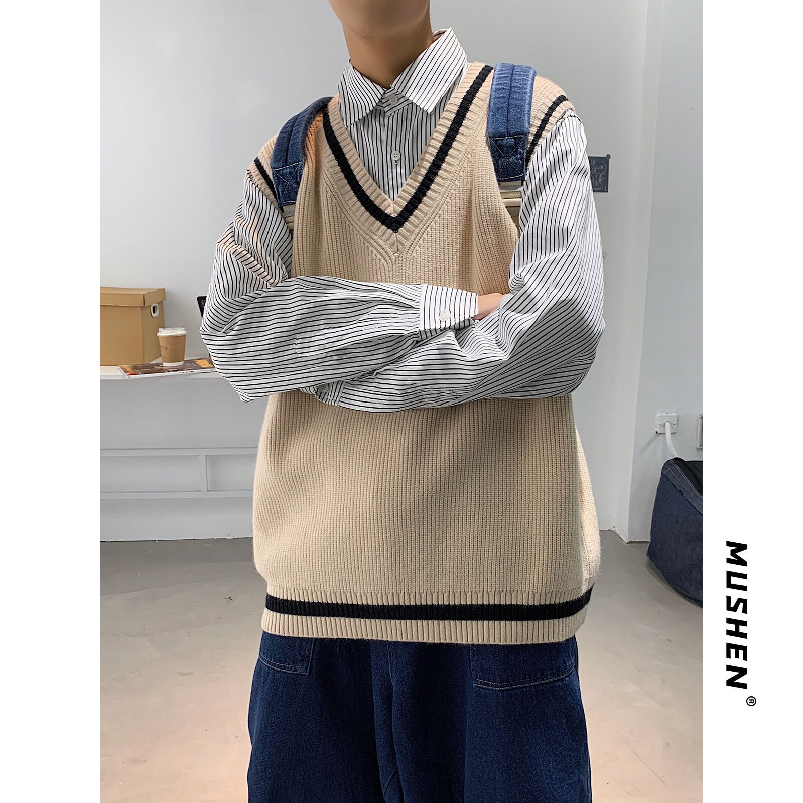 Suéter de punto a rayas con cuello de pico para hombre, chaleco Harajuku coreano, ropa de calle para hombre, ropa cómoda y versátil,: Beige / XL