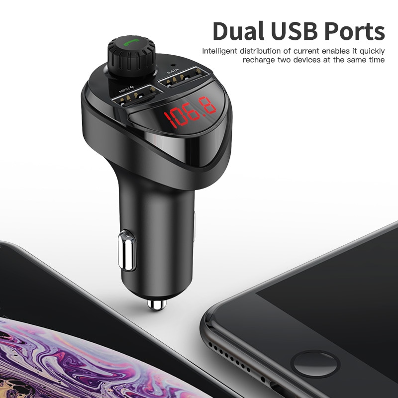 KUULAA Car Charger with FM Transmitter Bluetooth Receiver Audio MP3 Player TF Card Car Kit 3.4A Dual USB Car Phone Charger