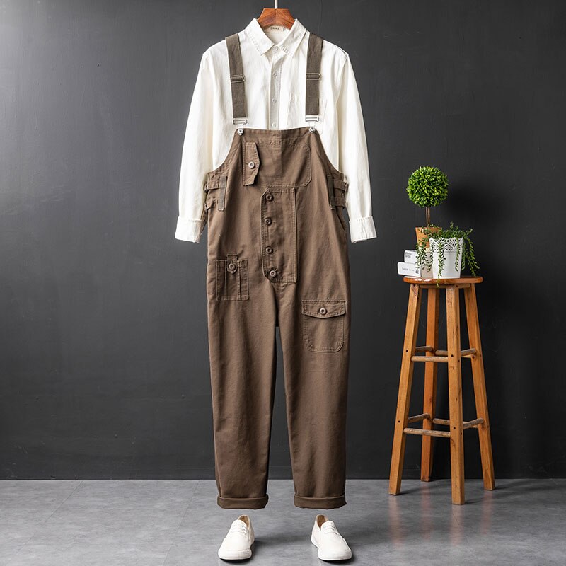 Løs lige stor lomme khaki brun fragt overalls mænd jumpsuit bib hip hop streetwear romper casual casual bukser bukser: Xxl / Brun