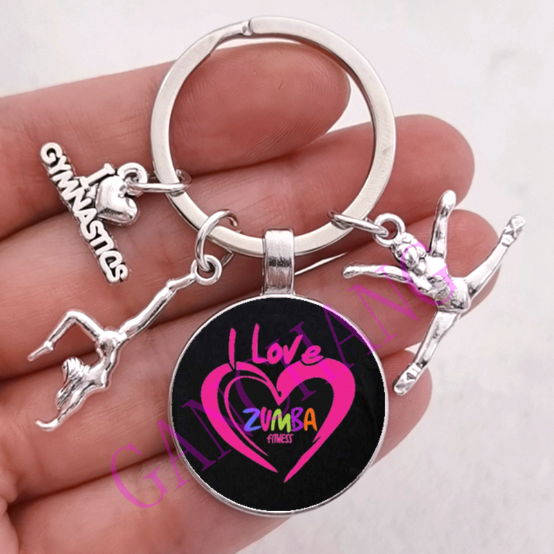 Mode Zumba Glas Sleutelhanger Fitness Dans Brief Foto Sleutelhanger Sport Gymnastiek sleutelhanger Ik hou van Fitness Sleutelhanger Sieraden: Kaki
