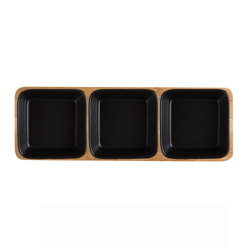 Firkantet keramik frugtfad keramisk fad salat tallerken porcelæn snacks slik nøddesesserter øko naturlig serverings bambus bakke sæt: 3 stk sort