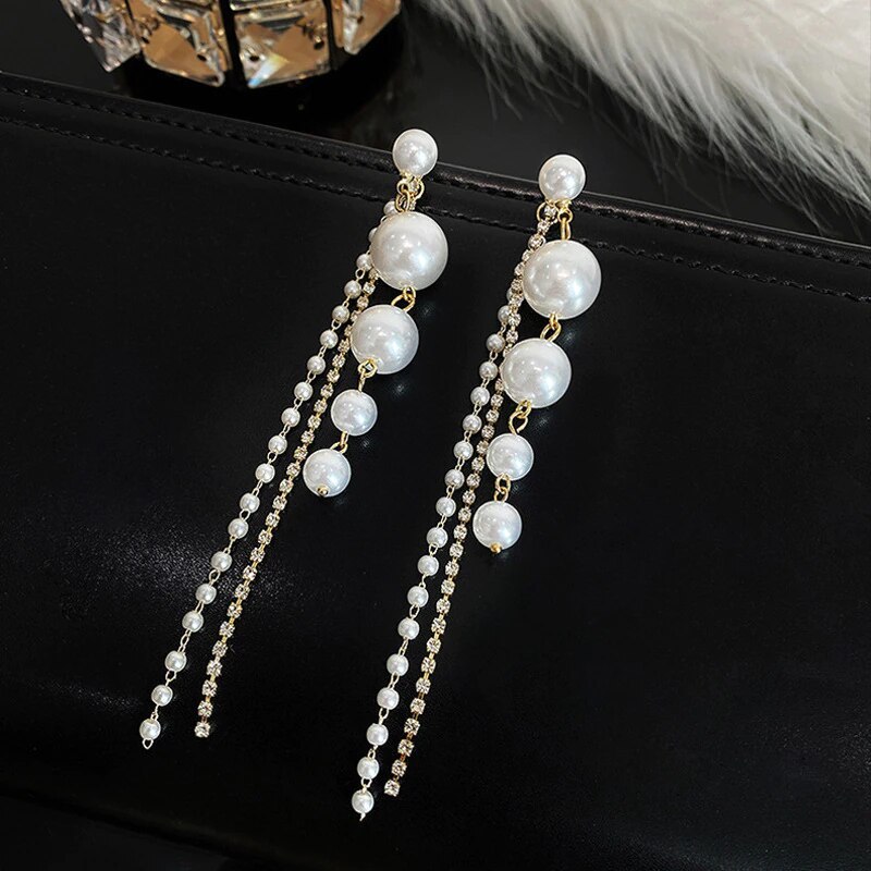 Pendientes de perlas de imitación para mujer, aretes largos con flecos, a la , elegantes, para novia y de boda: ER21Y1009