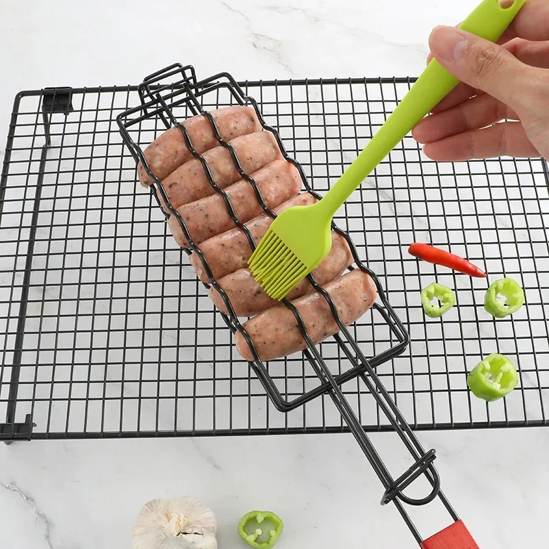 Cesta de grelha de aço inoxidável, ferramenta para churrasco, acessórios para grelhar, rack para cachorro-quente, carne vegetal, bife, camarão, suporte para kabob