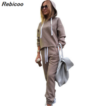 Rebicoo 2pcs Set Hoodies Loose Hooded Tops Sweatshirt+Solid Long Pants 2 Pieces Sets Women Clothing Suits Female Tracksuit: Khaki / S