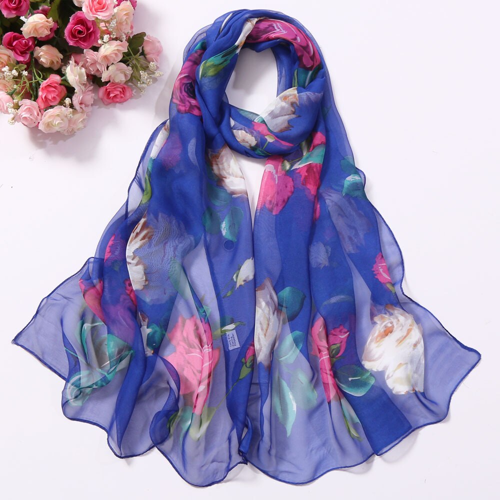 Foulard en mousseline de soie Georgette pour femmes, fleur de Rose, Foulard pour femmes, châle, Bandana , Protection solaire pour la plage: Sapphire