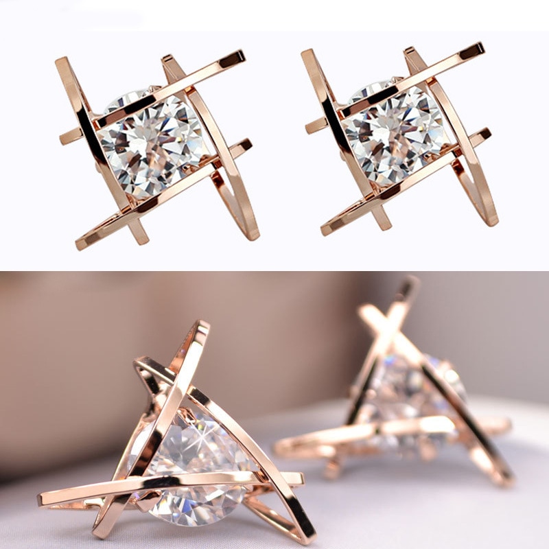 Women's earrings Europe and the jewelry geometric hollow square triangle zircon earrings banquet jewelry