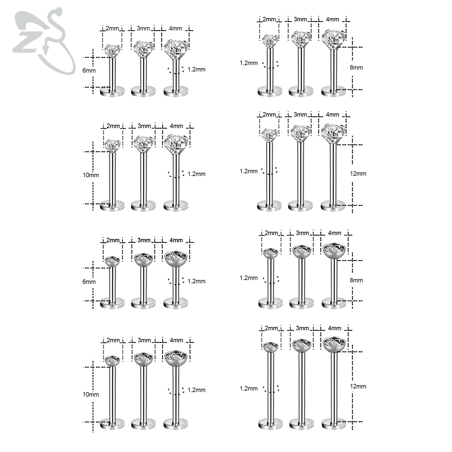 Zs 3 Stks/partij Cz Crystal Lip Piercing Set 6/8/10/12Mm Rvs Monroe Labret ringen Oor Tragus Helix Piercings Sieraden 16G