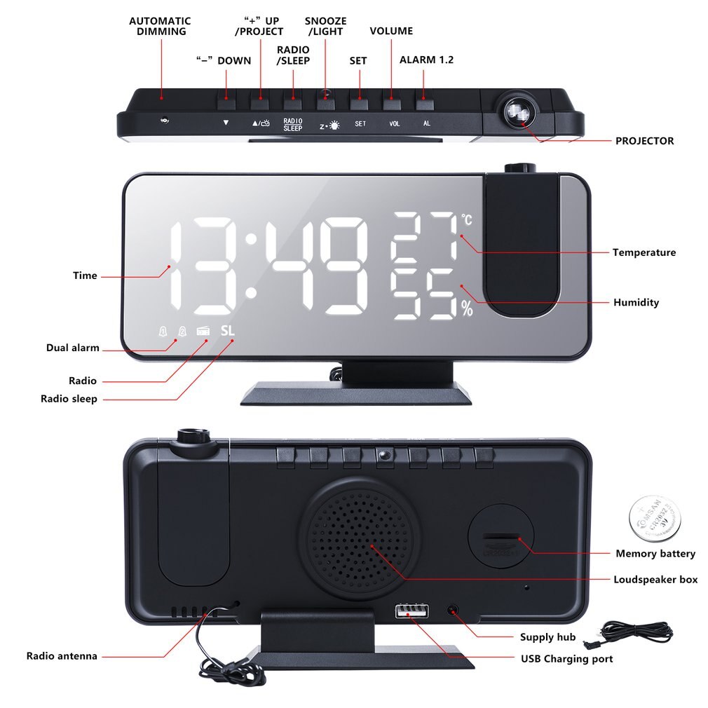 LED Large Screen Display Temperature And Humidity Electronic Clock Radio Multifunctional Projection Alarm Clock