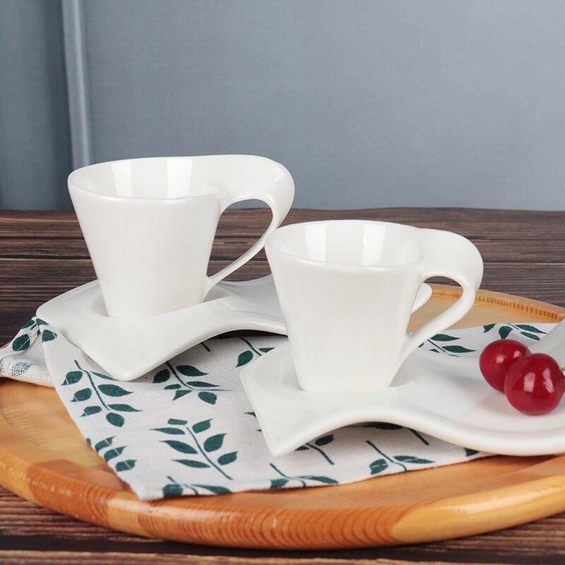 Simple White Porcelain Wave Ceramic Latte Coffee Cup Set Home Puccino Flower Latte Coffee Cup Coffee Mug Tea Cup Set