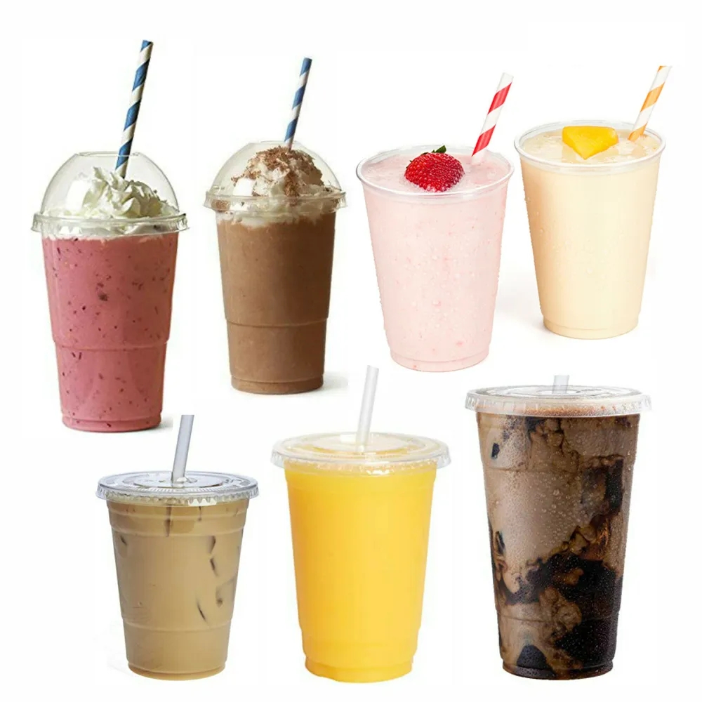 Jednorazowe kubki na Smoothie, płasko zakończony kopułkowe pokrywki, plastikowe szklanki robić koktajli mlecznych przezroczyste, mocne plastikowe kubki klasy piwo na przyjęcie przezroczyste