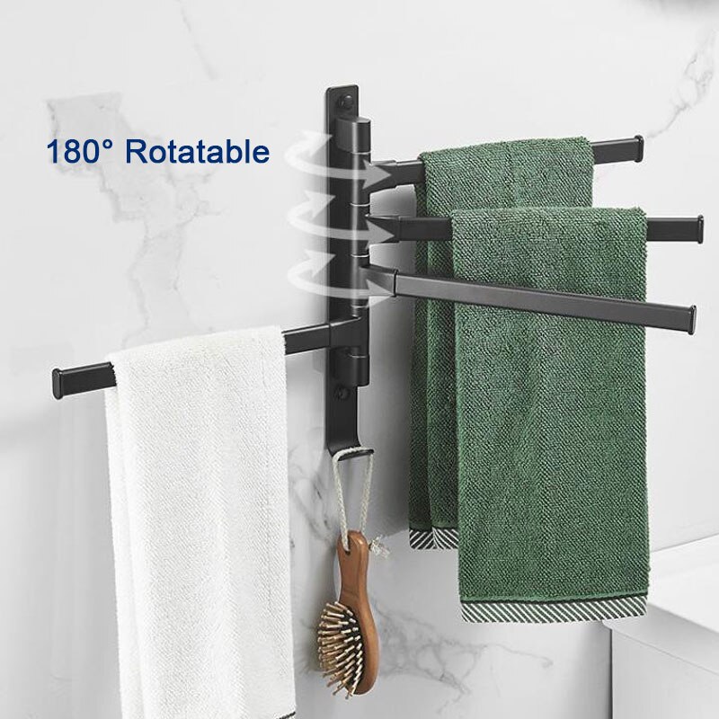 2/3/4 Arms Matte Black Bathroom Swivel Towel Bar, Space Saving Swinging Towel Rack Wall Mounted, Towel Holder with Hooks