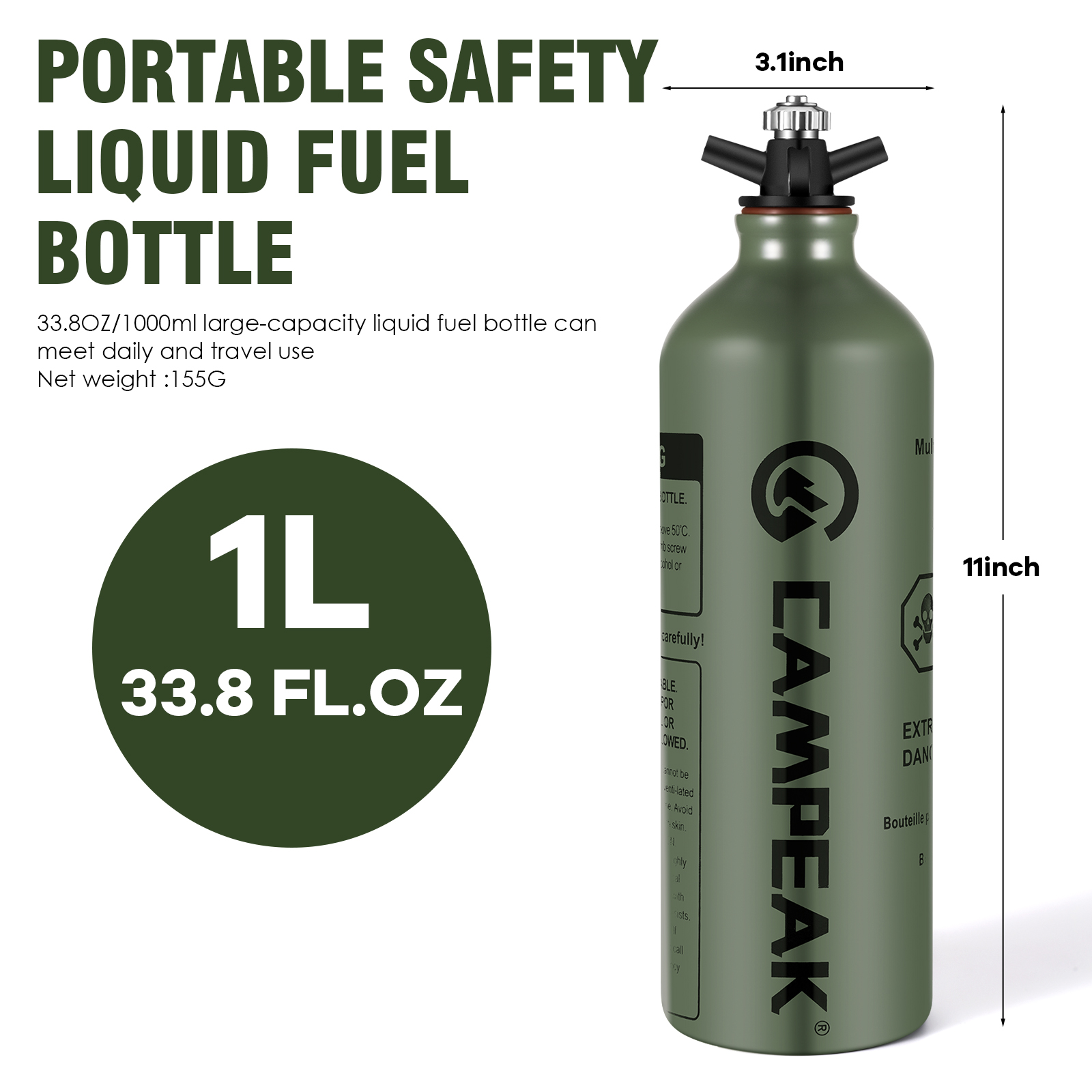 Botella de combustible líquido portátil, lata de almacenamiento de repuesto para alcohol, queroseno, gasolina, de aluminio, 0,5l/1l: Verde militar
