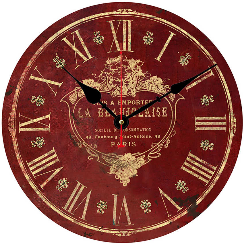 Vintage Tuscan Round Wall Clock Gray Red Quartz Battery Operated Shabby Clock Large Clock Retro Rustic Country Wooden Wall Clock: 24803 / 16inch(40cm)