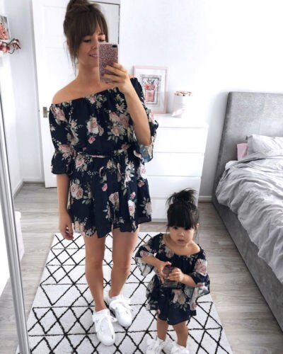 Moeder en Dochter Jurk Kleding Familie Bijpassende Outfits Off Shoulder Bloemen Zomer Vrouwen Meisjes Boho Jurken Zonnejurk: M
