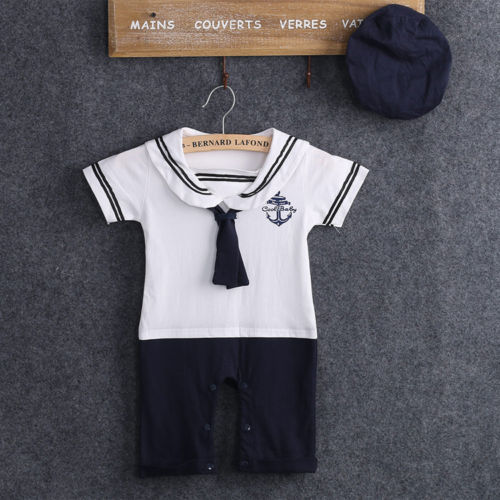 Traje de cuello marinero para bebé, niño y niña, traje de cultivo, pelele, pantalones, ropa y sombrero: 1 / 18 meses