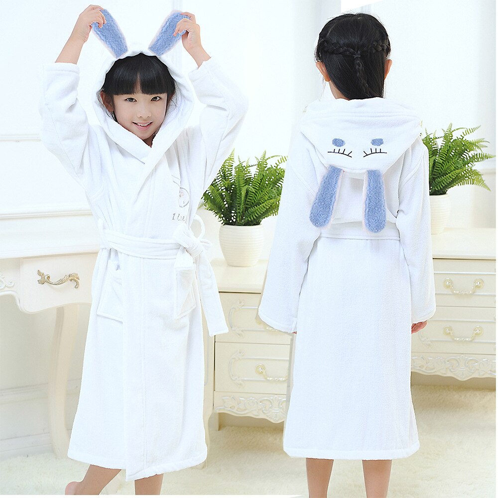 Children Toweling Terry Cotton Cartoon Bathrobe Boys Kids Winter Bath Robe Little Girls Dressing Gown L174: white / S(140-155cm)